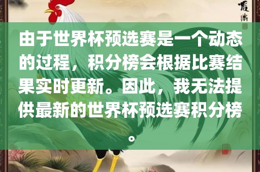 由于世界杯预选赛是一个动态的过程，积分榜会根据比赛结果实时更新。因此，我无法提供最新的世界杯预选赛积分榜。