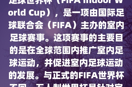 五人制世界杯，也被称为室内足球世界杯（FIFA Indoor World Cup），是一项由国际足球联合会（FIFA）主办的室内足球赛事。这项赛事的主要目的是在全球范围内推广室内足球运动，并促进室内足球运动的发展。与正式的FIFA世界杯不同，五人制世界杯是针对室内足球的比赛。