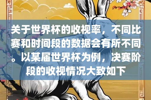 关于世界杯的收视率，不同比赛和时间段的数据会有所不同。以某届世界杯为例，决赛阶段的收视情况大致如下