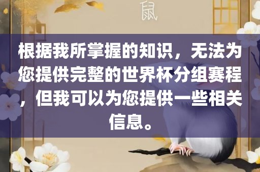 根据我所掌握的知识，无法为您提供完整的世界杯分组赛程，但我可以为您提供一些相关信息。