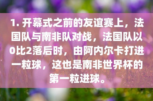 1. 开幕式之前的友谊赛上，法国队与南非队对战，法国队以0比2落后时，由阿内尔卡打进一粒球，这也是南非世界杯的第一粒进球。