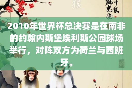 2010年世界杯总决赛是在南非的约翰内斯堡埃利斯公园球场举行，对阵双方为荷兰与西班牙。