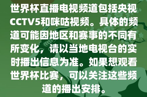 世界杯直播电视频道包括央视CCTV5和咪咕视频。具体的频道可能因地区和赛事的不同有所变化，请以当地电视台的实时播出信息为准。如果想观看世界杯比赛，可以关注这些频道的播出安排。